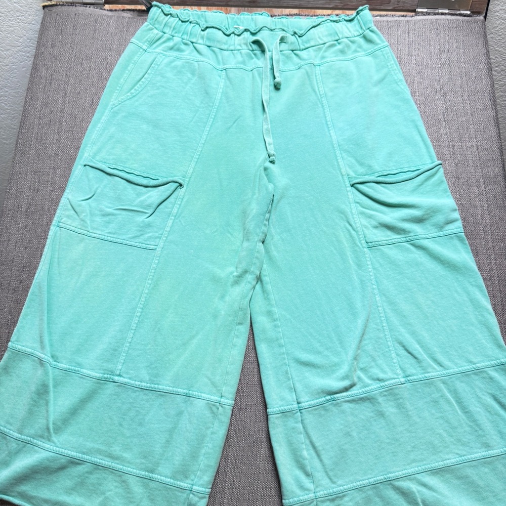 Easel Los Angeles Mineral Wash Wide Leg Cargo Lounge Pants Green 2X Boho Relaxed